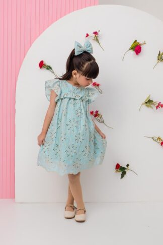 Vestido infantil Laíse bordado de luxo verde água renda lasie