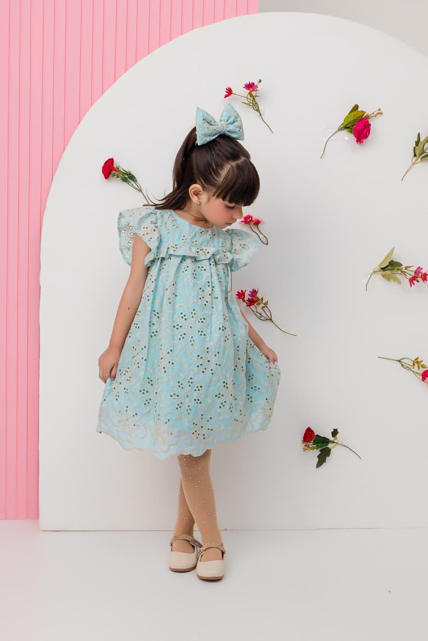 Vestido infantil Laíse bordado de luxo verde água renda lasie