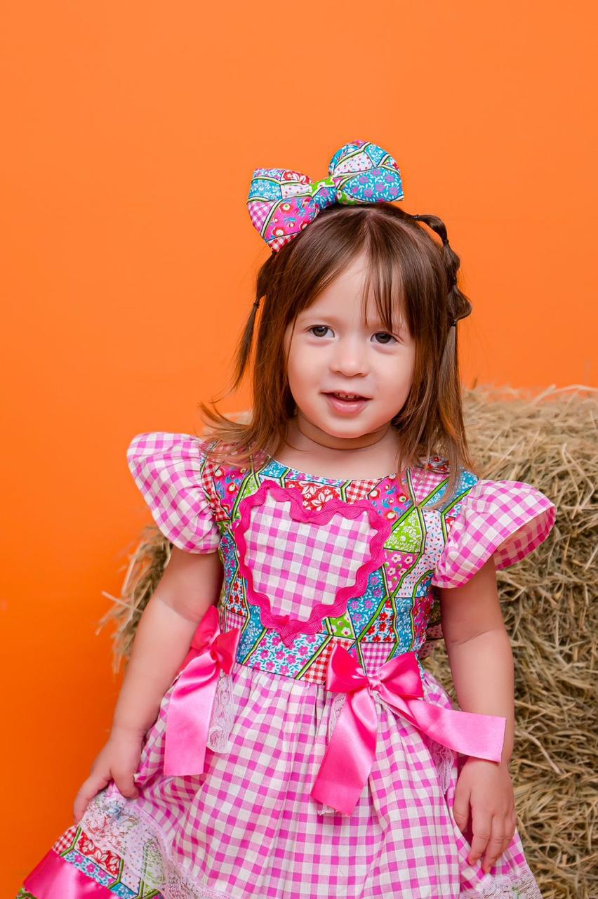 Vestido de luxo Junino xadrez rosa infantil bebê São João - Imagem 3