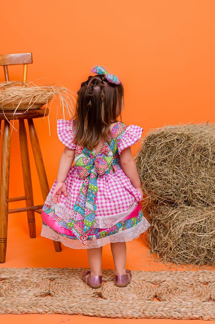 Vestido de luxo Junino xadrez rosa infantil bebê São João - Imagem 2