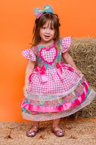 Vestido de luxo Junino xadrez rosa infantil bebê São João