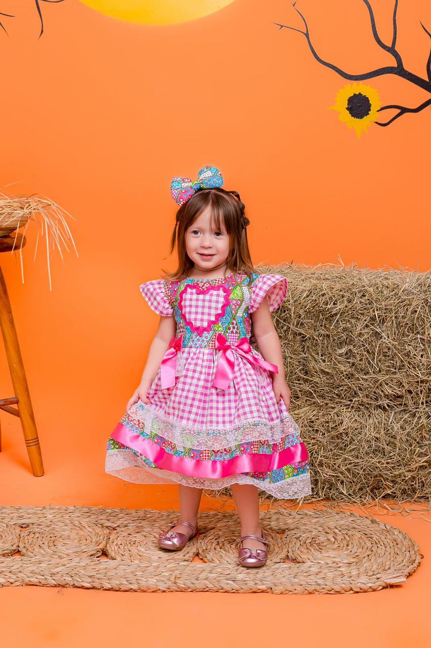 Vestido de luxo Junino xadrez rosa infantil bebê São João - Imagem 4
